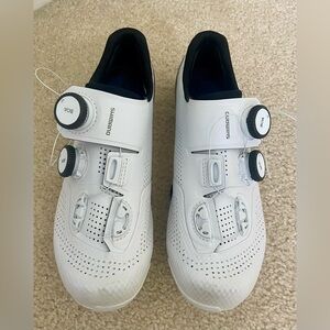 Shimano White Road Cycling Shoes with Black Collar and Dual BOA Dials